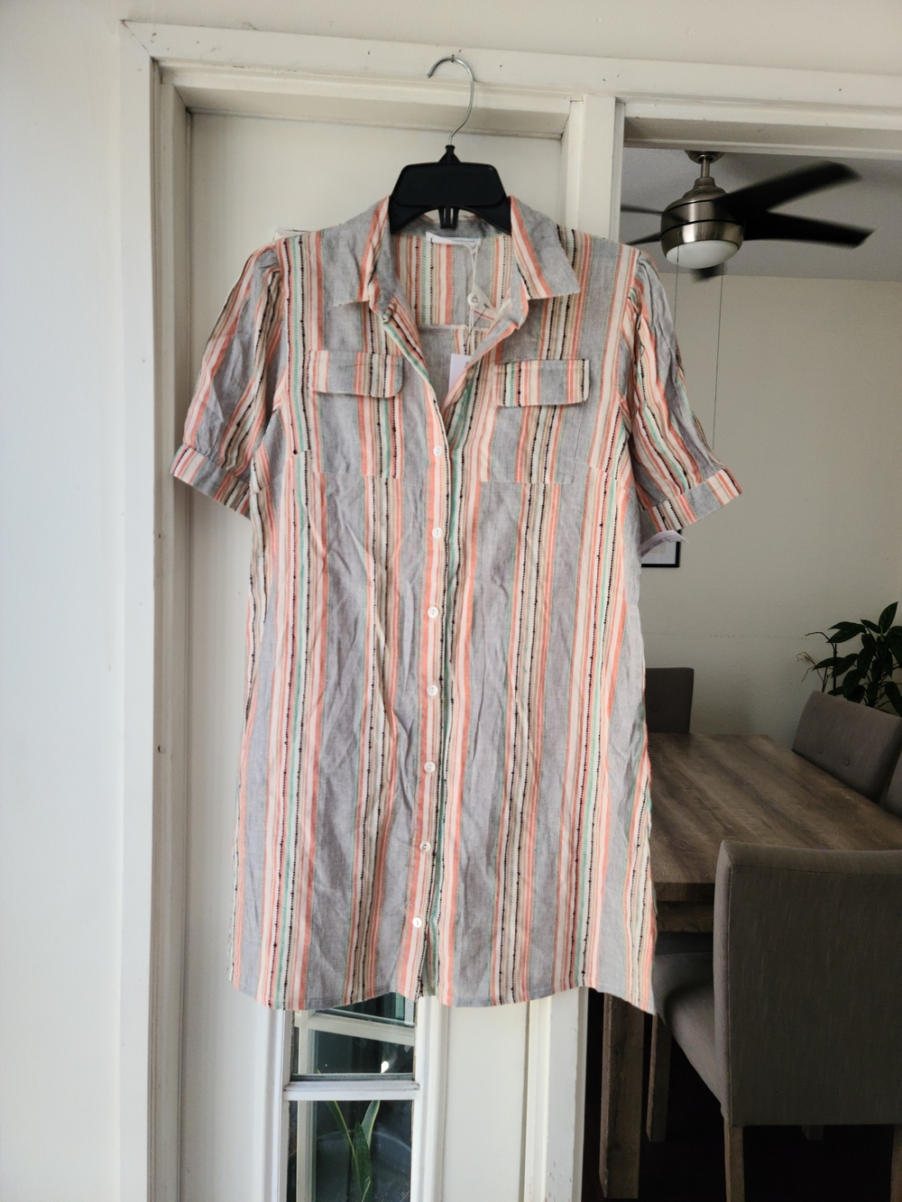 Striped Button-Front Shirt Dress in Coral and Gray